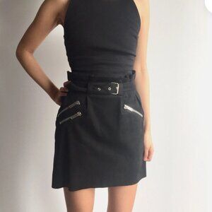 Zara Black Faux Suede Paperbag Moto Mini Belted Skirt Size Small